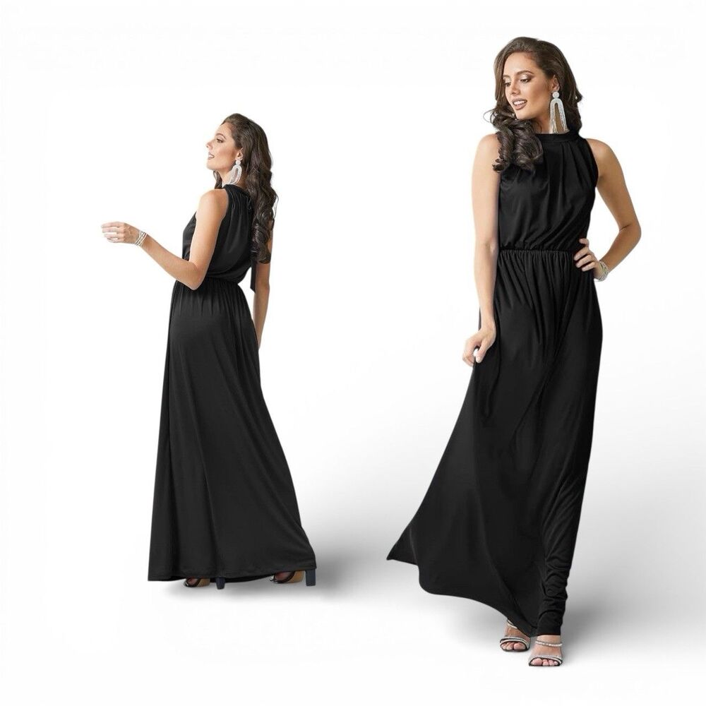 KOH KOH Women’s S Sleeveless Maxi Dress Black Pleated Halter Neck